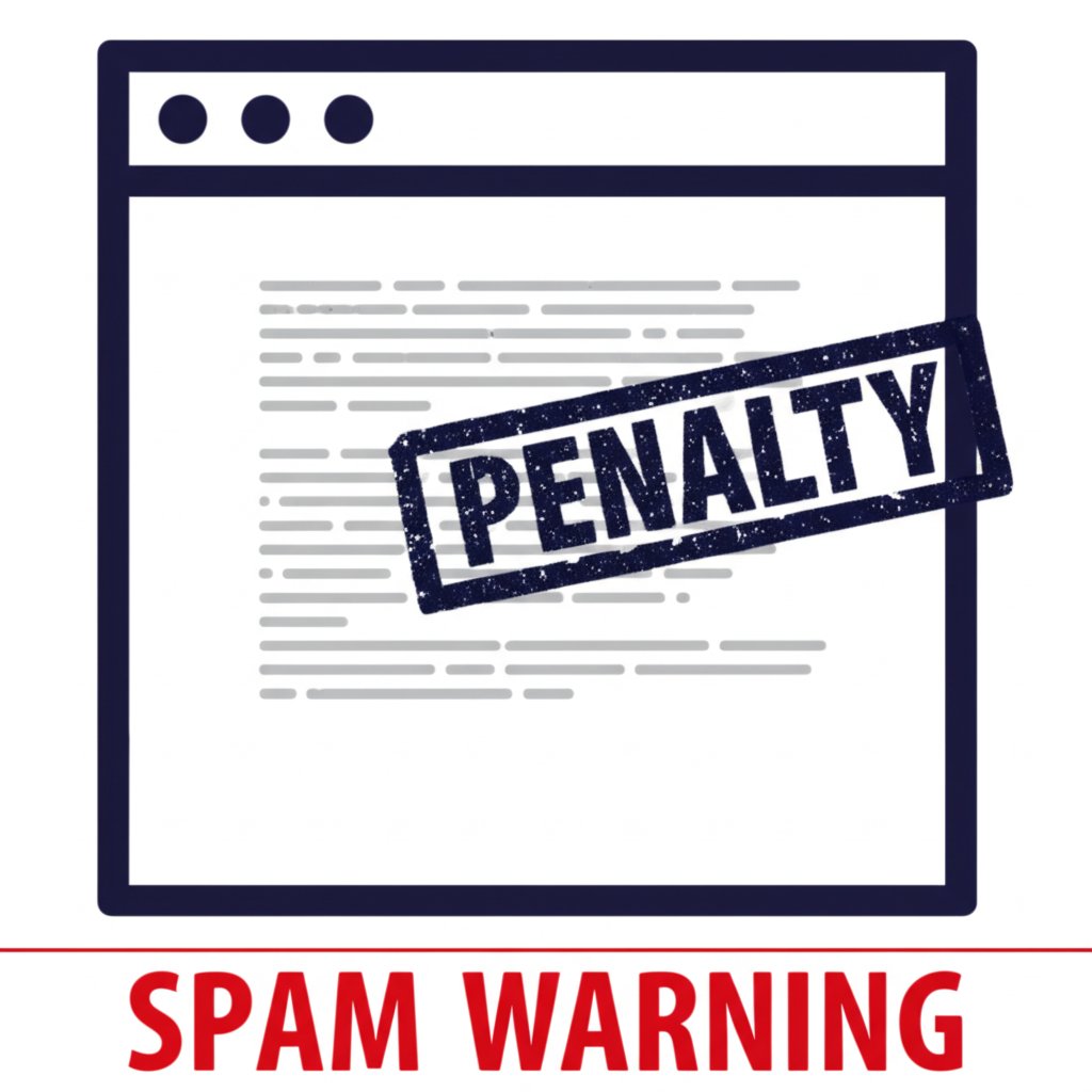 A stern, official 'PENALTY' or 'VIOLATION' stamp icon hovering over a digital representation of a website, which shows subtle visual cues of keyword stuffing (repeating words) and hidden links, conveying manual actions and spammy content practices. Bold text overlay: 'SPAM WARNING'.