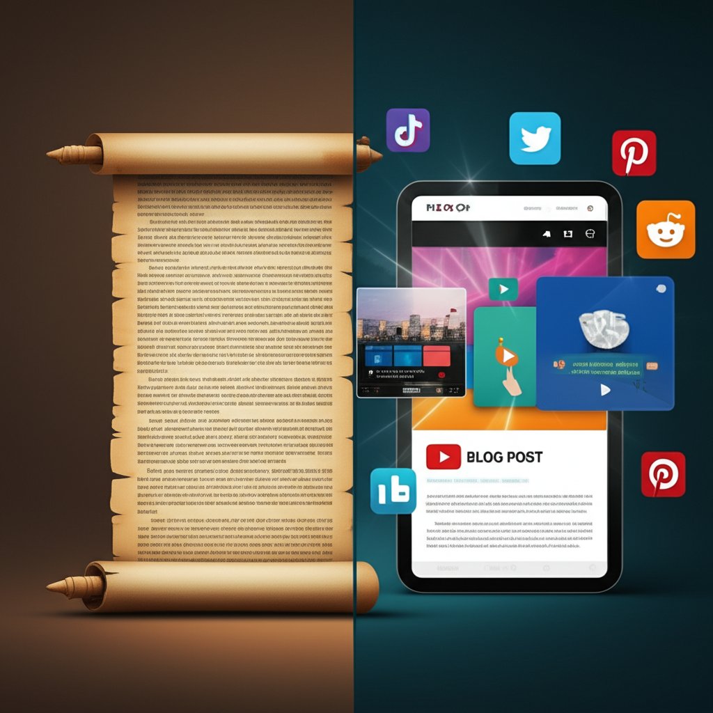 A dynamic split-frame illustration contrasts old, lengthy text scrolls with modern vibrant videos, social media, and concise blog posts.