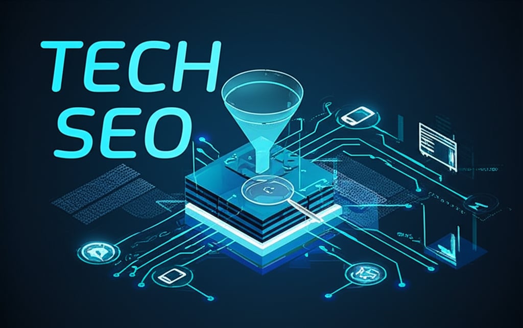 A futuristic, robust digital construction site. Glowing lines of code and data flow like scaffolding. At the center, a strong, multi-layered foundation is being built with visible elements like a speedometer for page speed, a mobile phone icon for responsiveness, and interconnected blocks forming site architecture. A magnifying glass hovers over a network of "long-tail keywords" glowing in the foundation. A funnel illustration is embedded in the groundwork. Overlay text: "TECH SEO" in large, bold font.