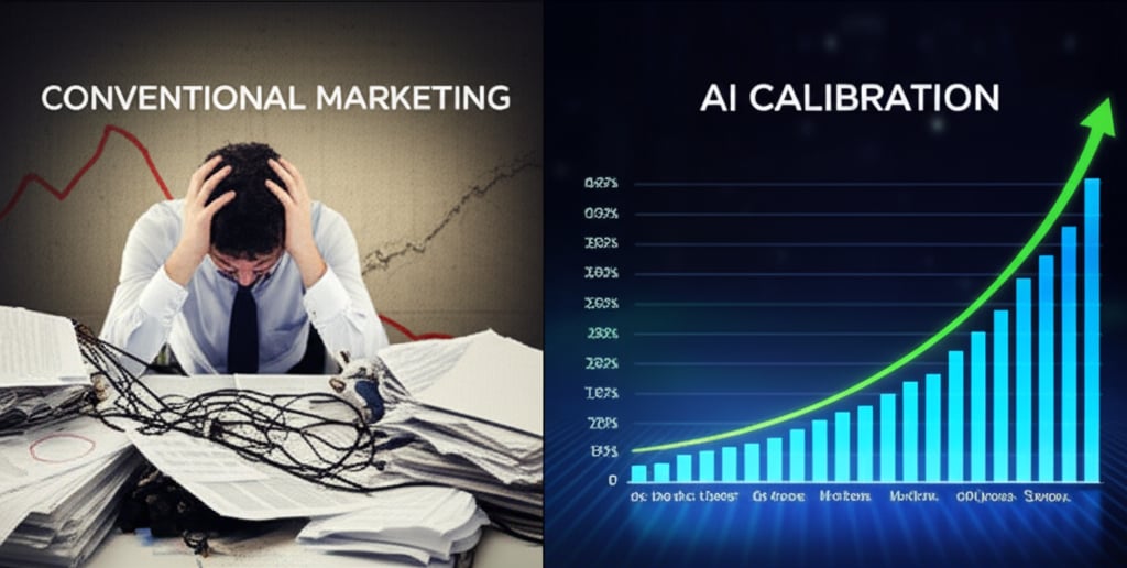 An illustrative image about: A split image. On one side, a frustrated marketer sits at a cluttered desk, surrounded by stacks of 