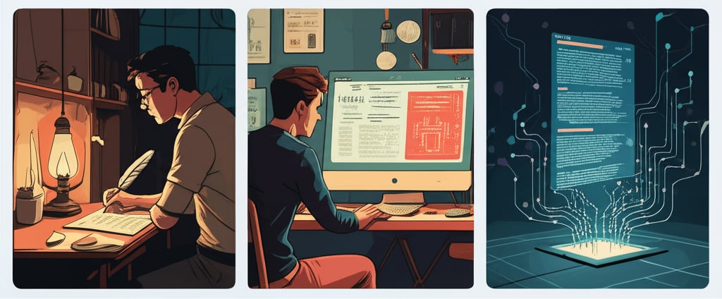 Triptych depicting content creation evolving from manual writing to AI-assisted editing and sophisticated autonomous AI generation.