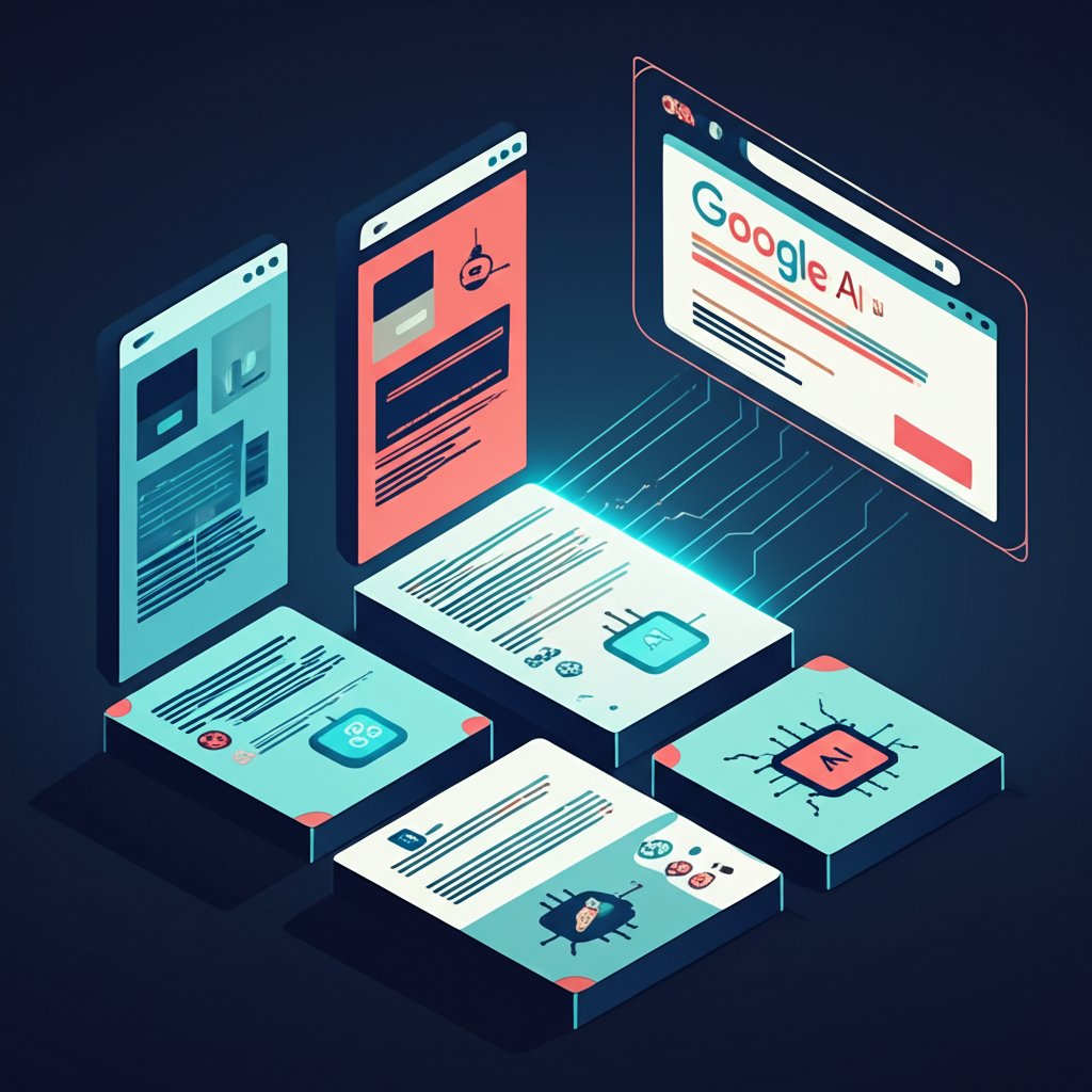 Digital illustration of web content modularized into AI-ready chunks connecting to an AI Overview summary box.