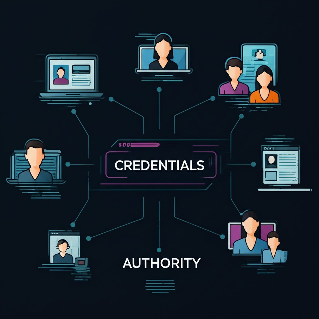 A digital interface where an AI analyzes various professional profiles (e.g., LinkedIn, personal websites) and extracts key credentials. The AI then synthesizes a concise, formal author biography. Visually represent credibility and expertise flowing from data points to a refined bio. Text in image: 'AUTHORITY', 'CREDENTIALS' in large fonts.