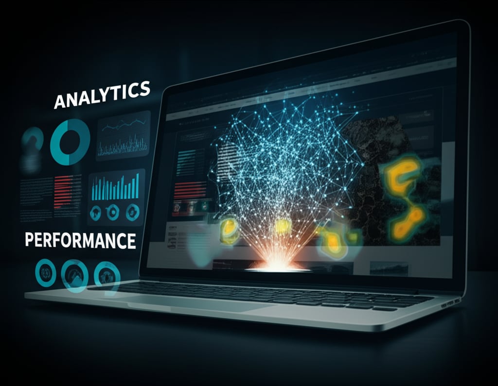 A futuristic digital dashboard displaying real-time website analytics. Heatmaps overlay a webpage, showing user interaction patterns (clicks, scrolls). An AI representation, like a glowing neural network, hovers over the data, highlighting insights for optimization and conversion rates. Emphasize data-driven decisions and performance. Text in image: 'ANALYTICS', 'PERFORMANCE' in large fonts.