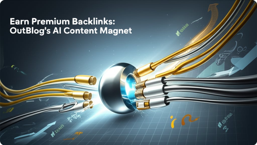 Modern graphic: 'Earn Premium Backlinks: OutBlog's AI Content Magnet' atop a magnetic sphere attracting gold and silver data streams.