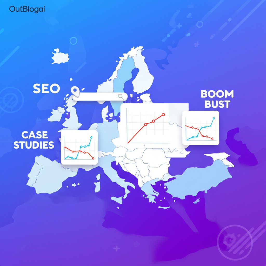 A modern flat illustration of a stylized European map with SEO boom-bust charts, a search bar, and bold text.