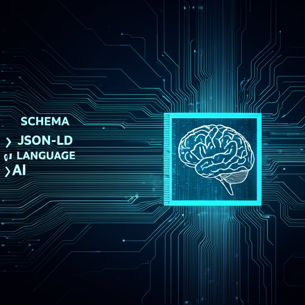 A stylized graphic depicting lines of code (representing JSON-LD schema) being understood or interpreted by an abstract AI processor or brain. The code is structured and clear, symbolizing machine readability. Keywords in large, clear fonts: SCHEMA, JSON-LD, AI LANGUAGE.