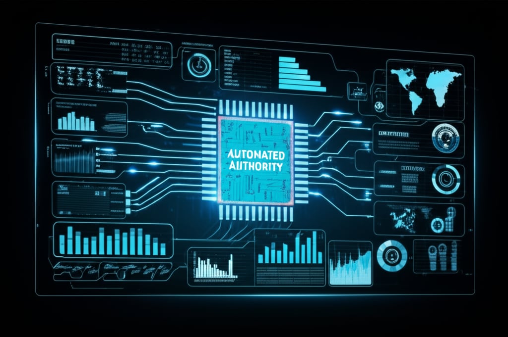A sleek, futuristic dashboard visualizes AI content automation, global distribution, and an engine driving business growth with SEO.