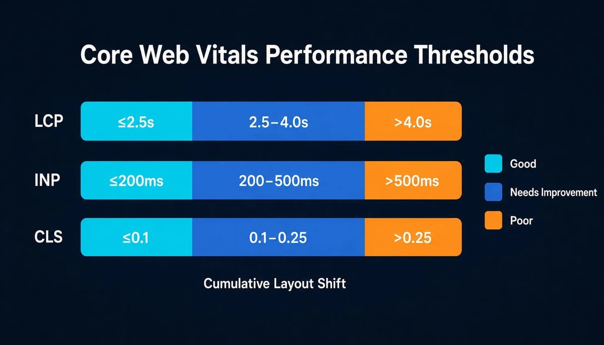 Horizontal stacked bar chart on dark navy showing LCP, INP, and CLS performance Horizontal stacked bar chart on dark navy showing LCP, INP, and CLS performance