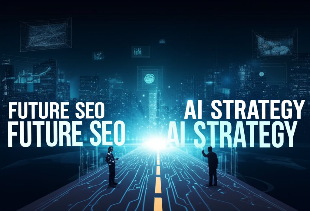 A visionary, wide-format image illustrating the future of SEO. A path (road ahead) extends into the horizon, paved with digital data lines and glowing insights. At the forefront, a sophisticated AI entity (represented by abstract light forms or interconnected nodes) works in tandem with a human figure, symbolizing strategic direction. The background features elements of diverse multimedia (video, infographics) and a cityscape of thriving digital businesses. Large, prominent text boldly displays: "FUTURE SEO" and "AI STRATEGY". The image conveys growth, innovation, and strategic market leadership.