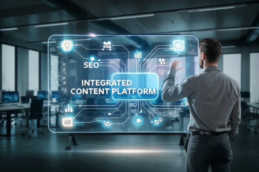 An illustrative image about: A professional, determined marketer stands before a large, glowing, futuristic holographic dashboard