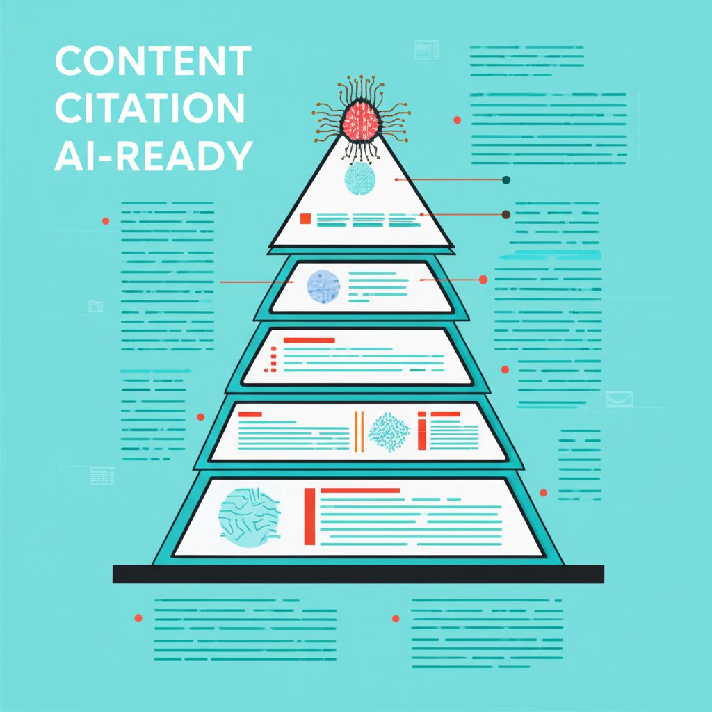 An infographic showing a content page being optimized for AI citation. The graphic features a document with sections structured like an inverted pyramid, bullet points, and headings, with an abstract AI brain icon analyzing the content. Keywords in large, clear fonts: CONTENT, CITATION, AI-READY.