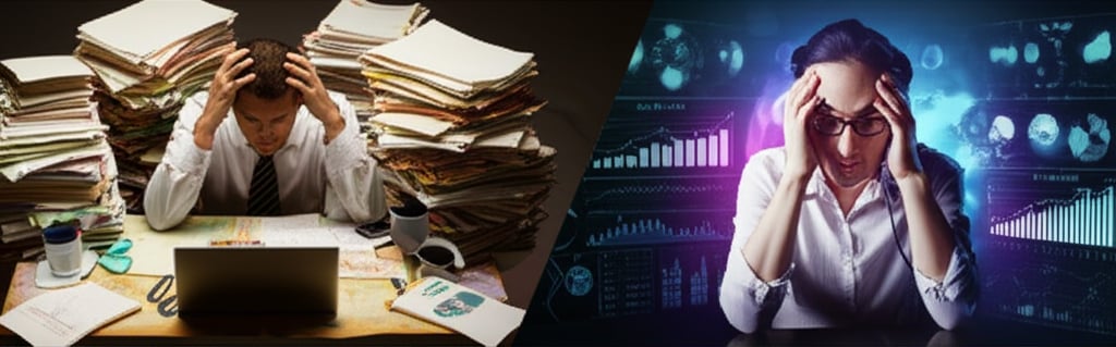 A split image contrasts a frustrated blogger with paper clutter against a sleek, futuristic AI interface, symbolizing the shift in blogging.