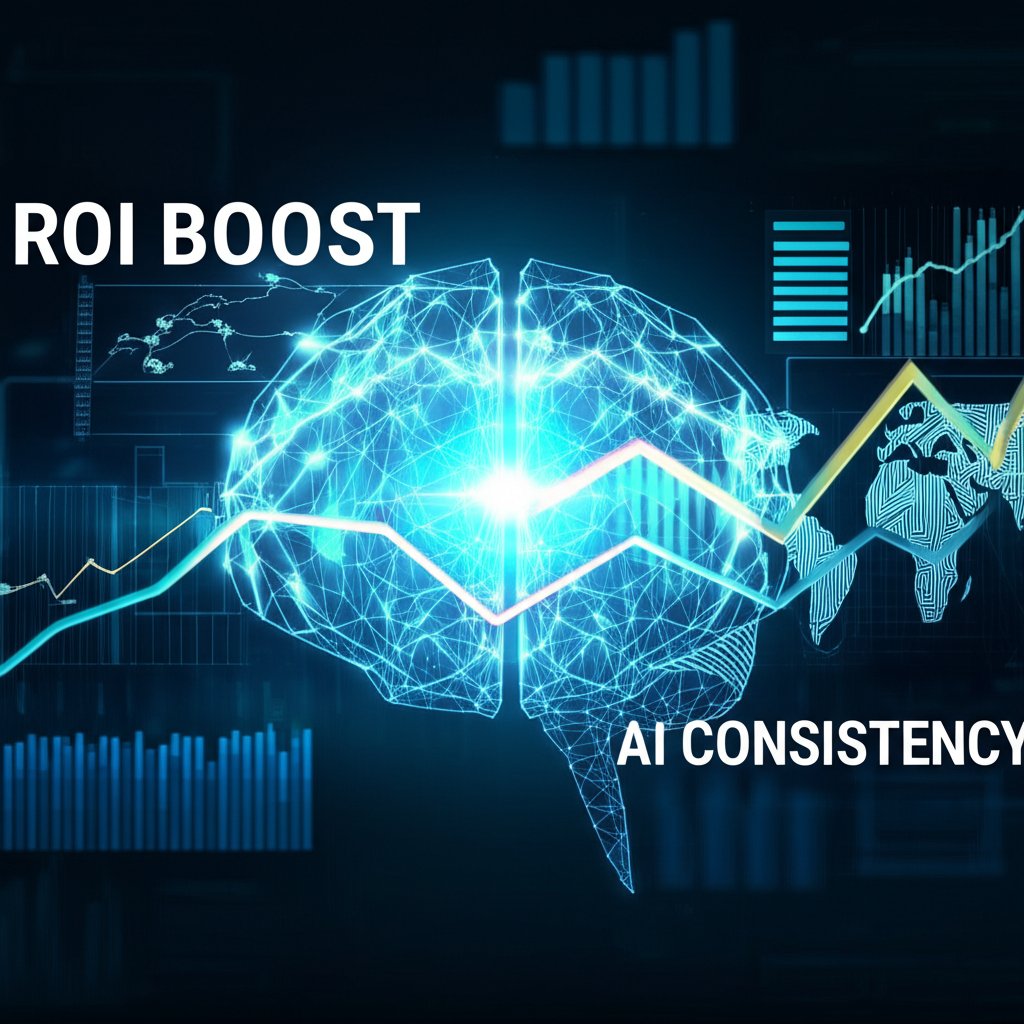 A vibrant, modern infographic depicting business growth and financial success. An abstract AI brain or network subtly connects various global markets, with upward-trending financial charts and graphs indicating increased ROI and efficiency. Large, bold text on the image reads "ROI BOOST" and "AI CONSISTENCY". The scene is bright and optimistic, showcasing a tangible improvement in business metrics due to AI.