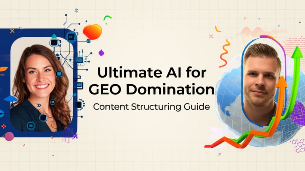 Modern professional graphic: 'Ultimate AI for GEO Domination' shows two tech leaders with abstract AI and a digital global map.