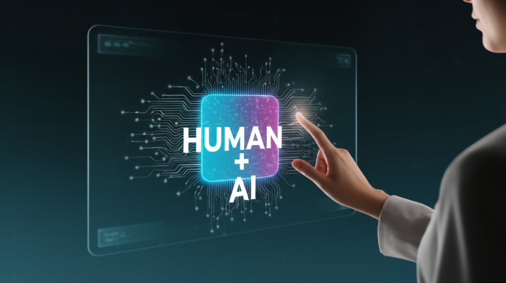 An illustrative image about: A high-tech, cinematic shot showcasing a diverse human content strategist actively collaborating wit