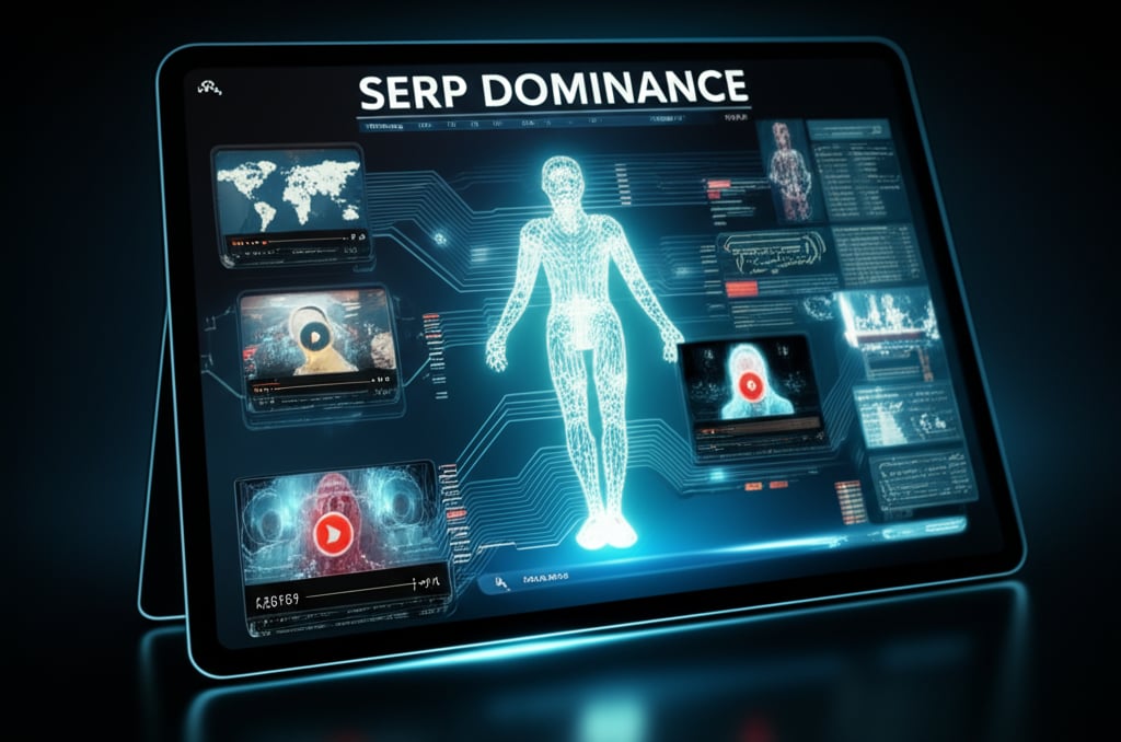 An illustrative image about: A futuristic search engine results page (SERP) displayed on a holographic screen, with top-ranking v