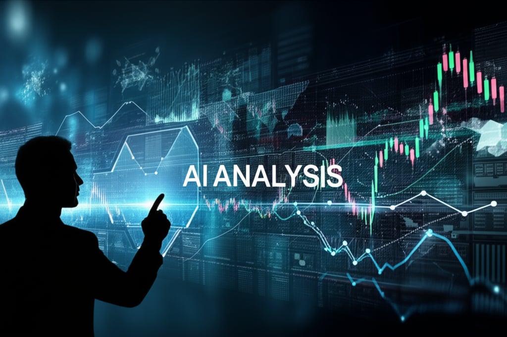 Futuristic AI interface processes market trends and competitor insights through glowing data, a human observes, AI ANALYSIS.