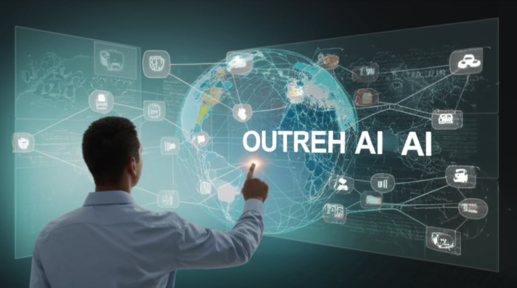 AI-powered globe managing digital channels for marketing, sales, and research, with a solo founder overseeing data insights