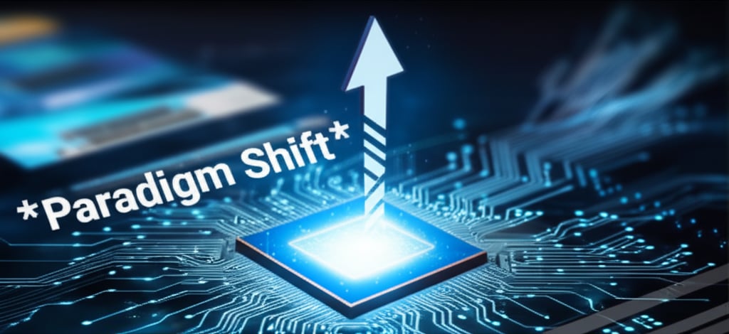 Dynamic illustration: Glowing AI core propels a business icon to top search results amidst clarifying data streams, with Paradigm Shift.