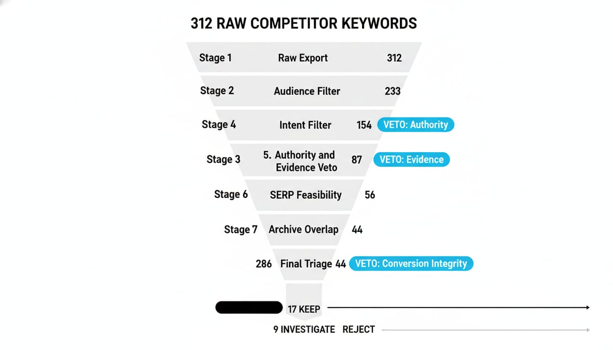 Funnel diagram showing 312 competitor keywords narrowing through 8 evaluation st