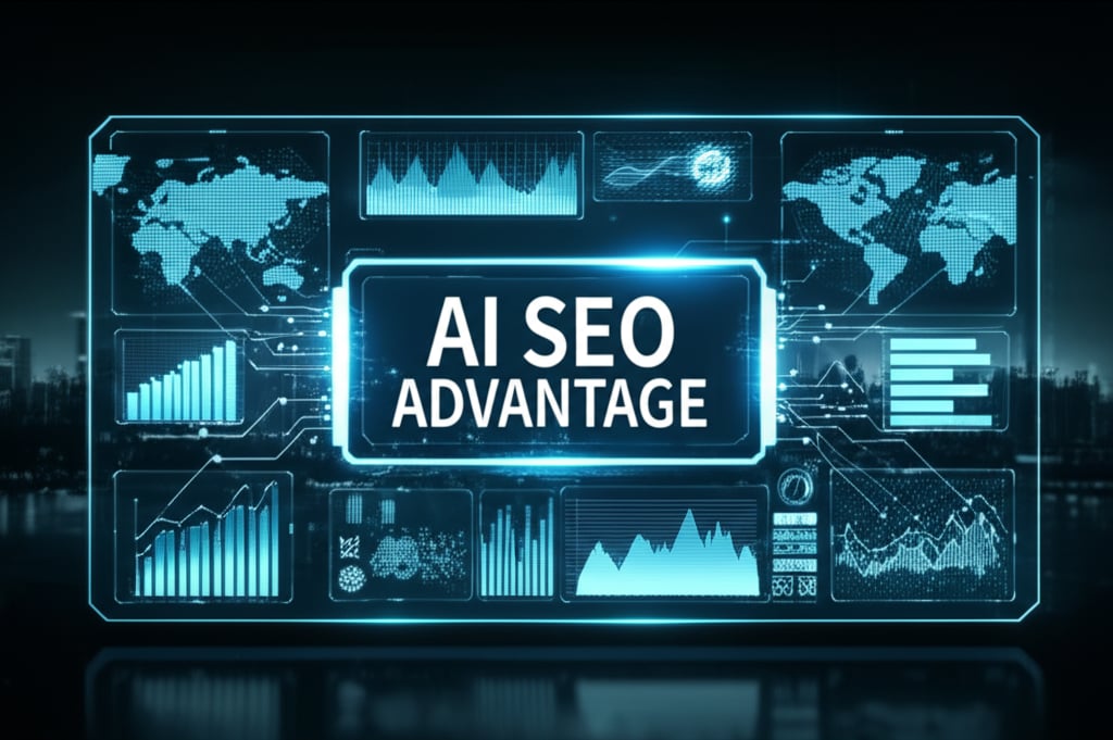 Dynamic AI control panel with holographic SEO data visualizations and 'AI SEO ADVANTAGE' text against a futuristic city.