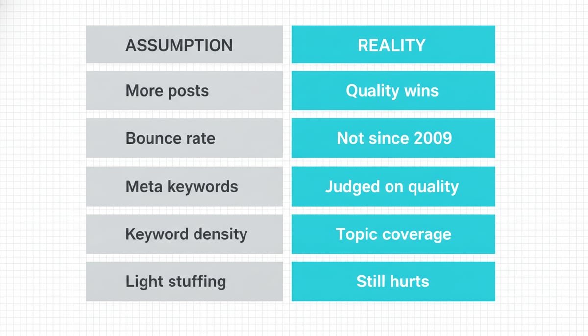 Two-column infographic comparing six common SEO assumptions (left, gray cells) w