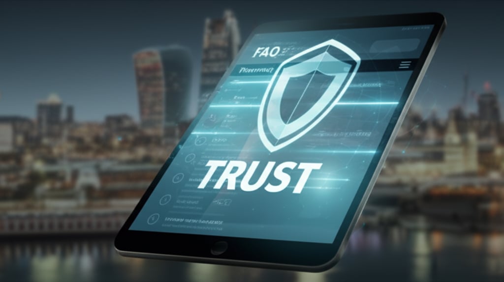 A close-up of a tablet displaying a user-friendly online pharmacy interface with glowing FAQ sections and a bold TRUST shield, against a blurred UK cityscape.