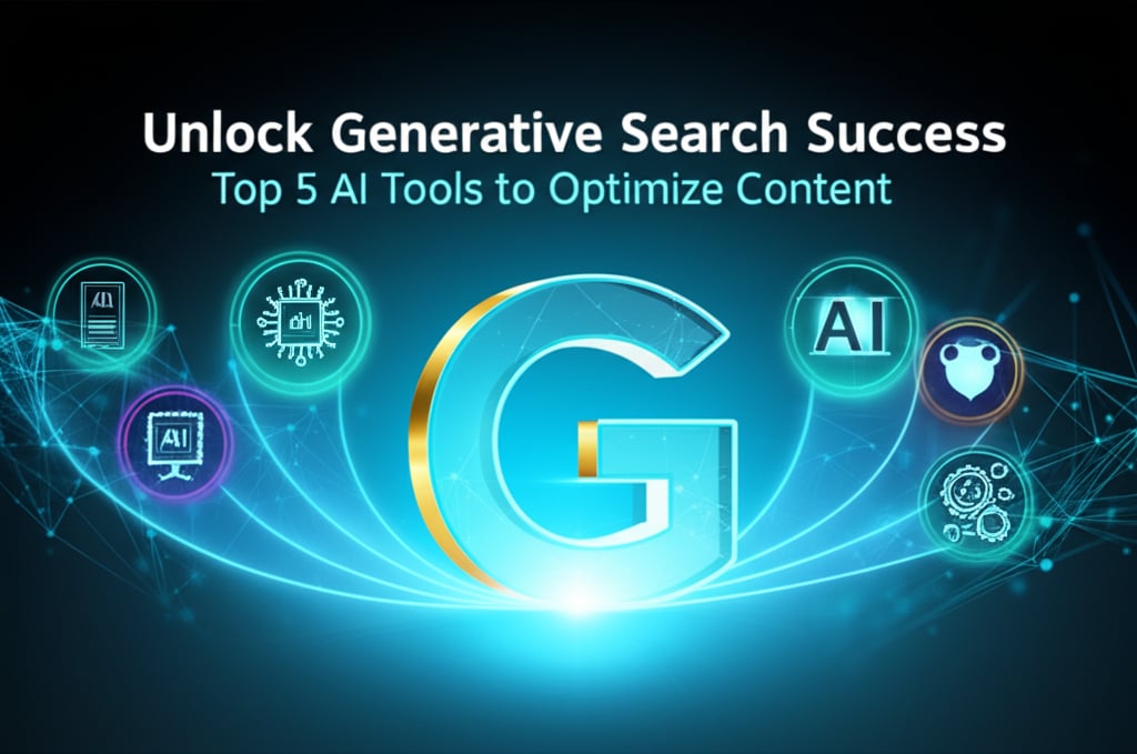 A modern digital graphic features a glowing key unlocking a 'G', with five AI tool icons for generative search content optimization.