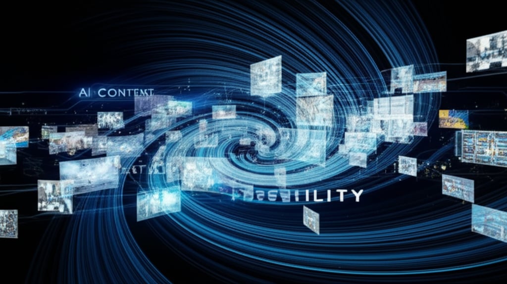 A dynamic, sprawling digital landscape where various content forms - a swirling vortex of text documents, gleaming video screens, intricate social media feeds, and detailed data reports - are seamlessly interconnected by glowing AI neural pathways. Text overlay: 'AI CONTENT', 'VERSATILITY'. Futuristic, wide shot, digital art.