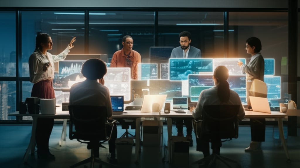 An illustrative image about: A dynamic, cinematic wide shot of a diverse, agile marketing team in a modern office, initially over