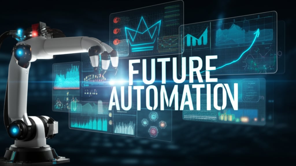 An illustrative image about: A high-energy, futuristic digital illustration. A robotic arm, symbolizing **Automation**, is effici