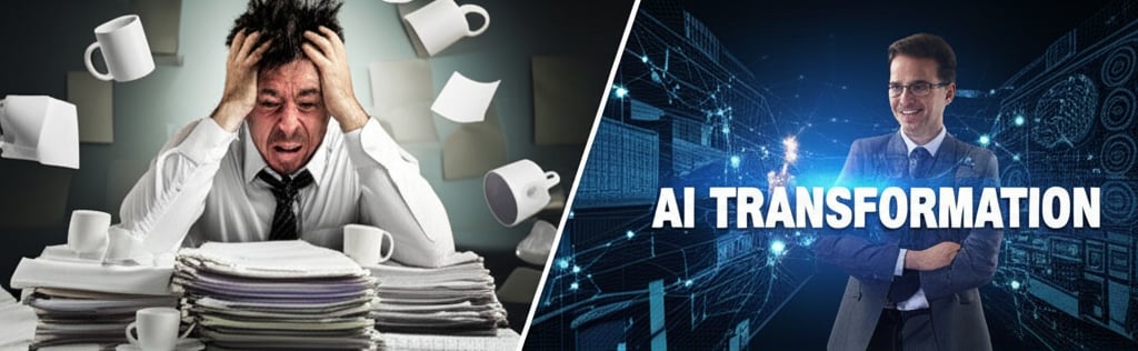 An illustrative image about: A dynamic split image. On the left, a frustrated person buried under piles of papers, surrounded by 