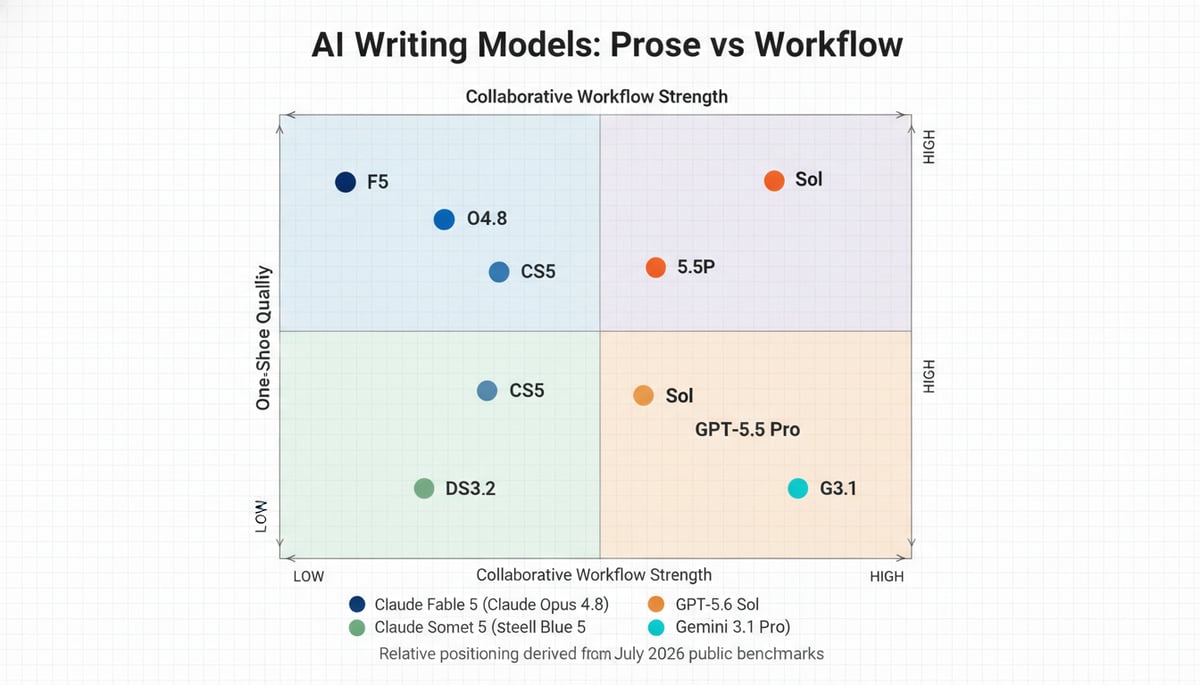 2x2 matrix chart plotting seven AI writing models on one-shot prose quality (Y-a