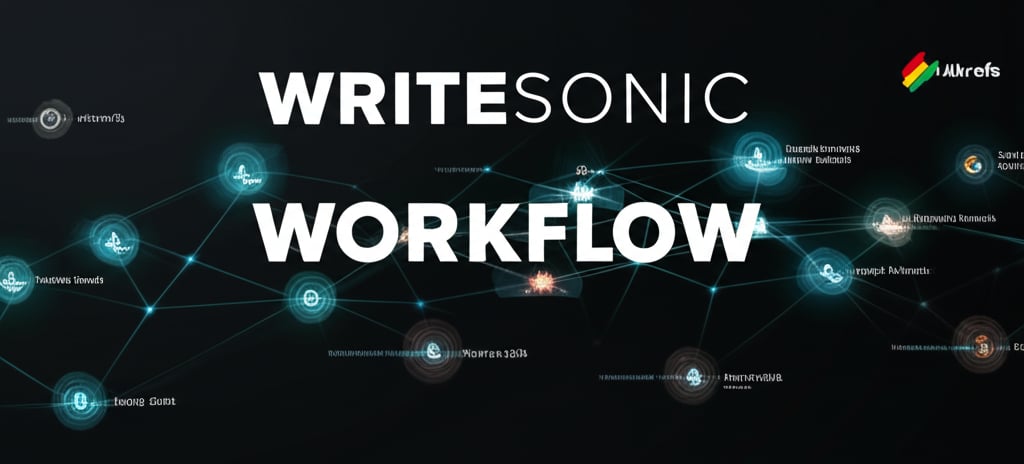 A sleek, interconnected digital dashboard showing various AI models represented by glowing, abstract nodes. Data streams seamlessly between them, with subtle, integrated logos of Ahrefs, Semrush, and Google Search Console. Visualize a dynamic flow of content creation from research to optimization. Prominently display the words "WRITESONIC" and "WORKFLOW" in large, stylized fonts across the dashboard.