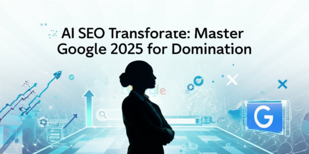 A visionary strategist stands before an abstract digital landscape featuring 'Google 2025' and growth data, with text 'AI SEO Transformation'.