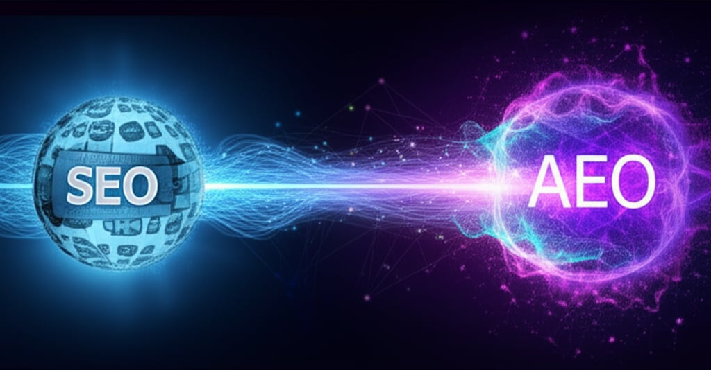 A structured blue sphere representing Traditional SEO connects to a luminous purple AEO sphere via a dynamic data path.