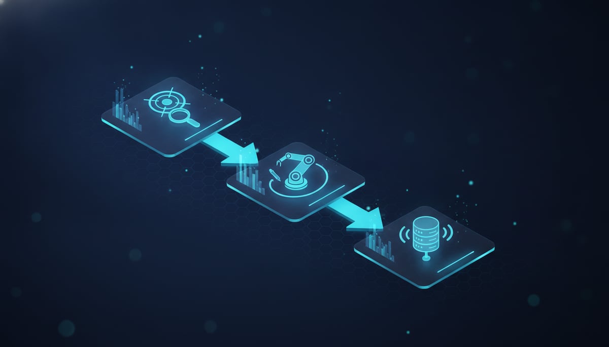 3D isometric diagram of a three-stage autoblogging pipeline (Input, Generation, 