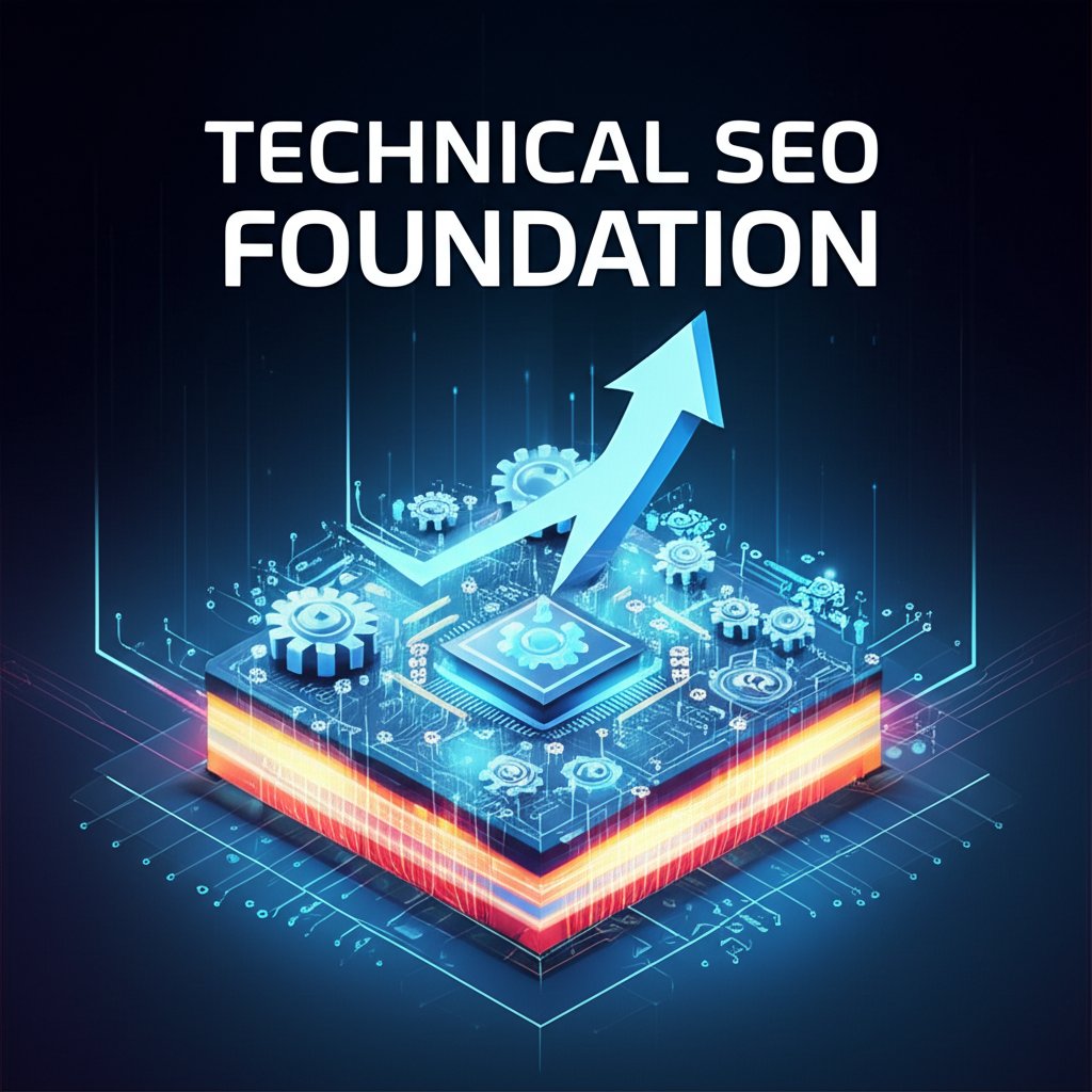 An intricate, glowing schematic of a robust digital engine or foundation, with interlocking gears, circuits, and data streams forming a solid base. Energy pulses through the system, indicating high performance and speed. A strong, upward-pointing arrow or growth chart emerges from the foundation. Large, bold text overlay: 'TECHNICAL SEO' and 'FOUNDATION'.