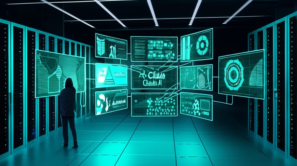 Futuristic server room with glowing screens displaying AI content tools, data flow, and a subtle human overseer, in cyberpunk blue-green hues.