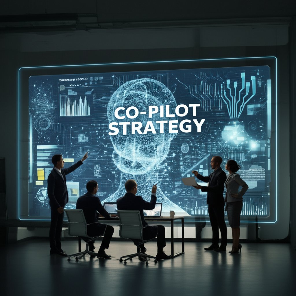 A modern and collaborative illustration showing a diverse team of human professionals engaged in high-level strategic planning, working alongside an abstract, intelligent AI interface. The AI is represented by flowing data patterns and insights displayed on a large, interactive screen, assisting the humans in making decisions. Focus on synergy, augmentation, and human oversight. Keywords on display: "CO-PILOT STRATEGY".
