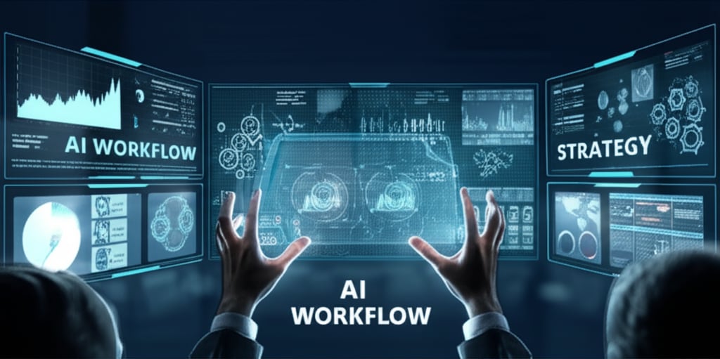 A sleek, futuristic digital control room or a sophisticated dashboard. Multiple screens display data analytics, prompt interfaces, and content previews. Human hands interact with a holographic display, collaborating with AI. Gears and circuits subtly integrate into the design, symbolizing the 'workflow' and 'strategic setup'. The overall feel is efficient, organized, and high-tech. Text on screens: "AI WORKFLOW", "STRATEGY" in large, modern font.