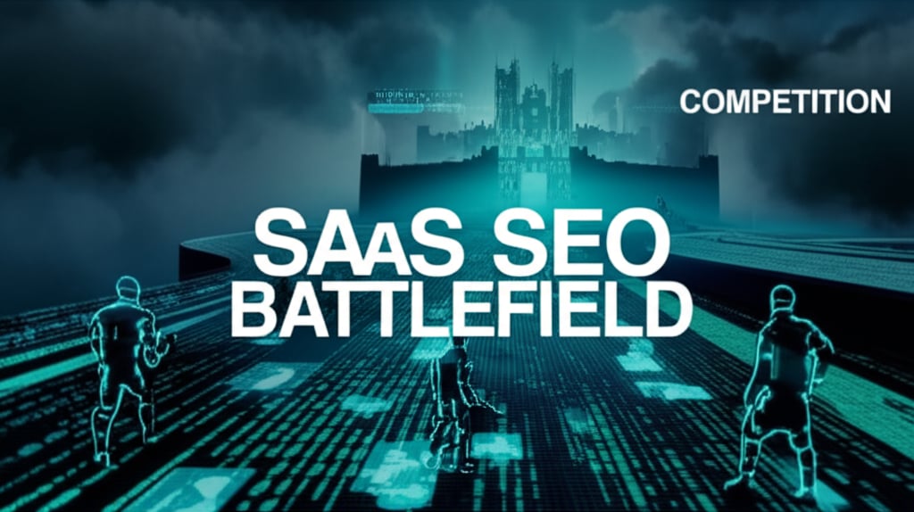 A dramatic, high-stakes digital battlefield scene. In the foreground, a winding, challenging path made of code and data, leading towards a fortress in the distance, representing market dominance. Digital warriors, represented by abstract glowing figures, navigate obstacles. Overhead, dark clouds of 'COMPETITION' loom. Large, bold text overlay: 'SaaS SEO' and 'BATTLEFIELD'.