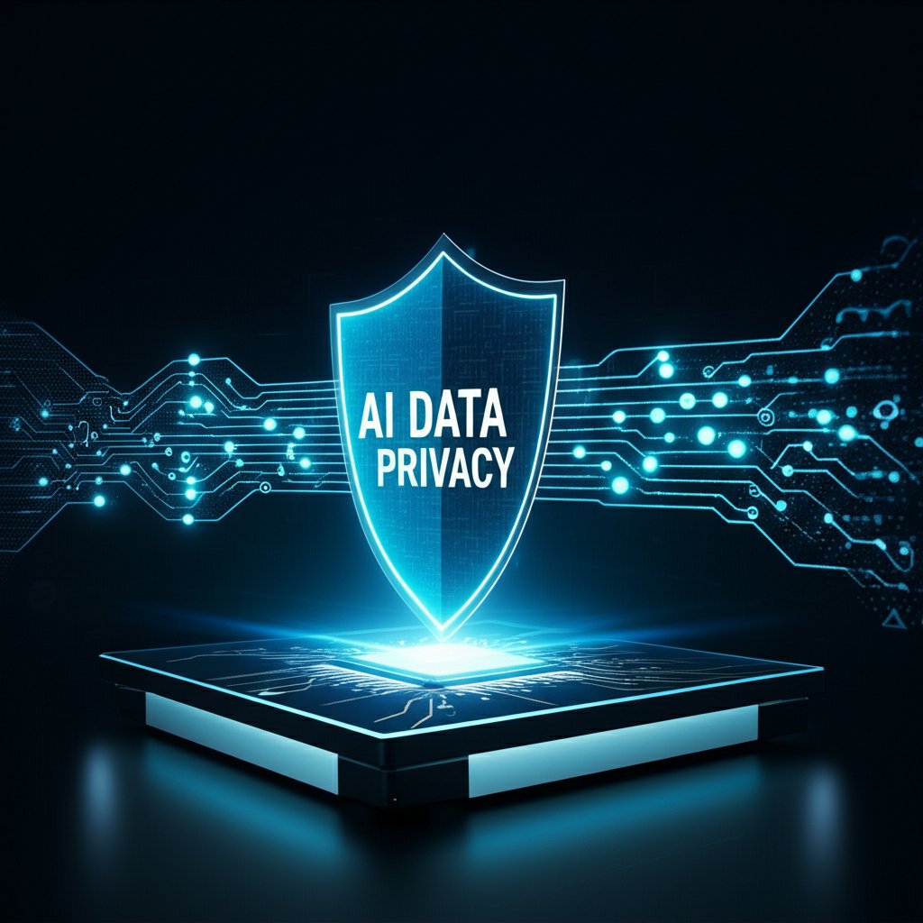 An illustrative image about: A futuristic and secure digital landscape. A stylized, glowing AI neural network actively processes 