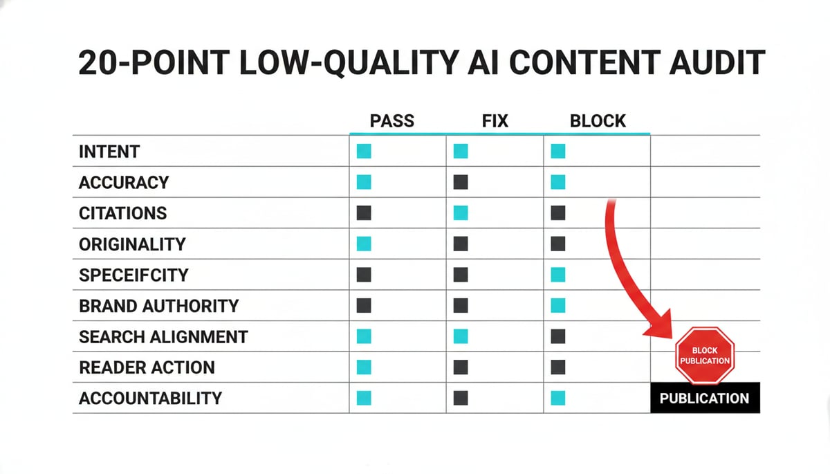 Editorial audit-board diagram with ten category rows on the left, three Pass/Fix