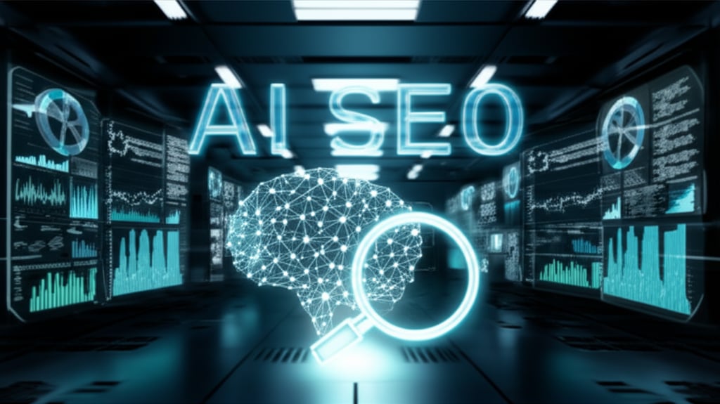 High-tech control room showing glowing data, an AI brain search icon, and 'AI SEO' text for amplified digital visibility.