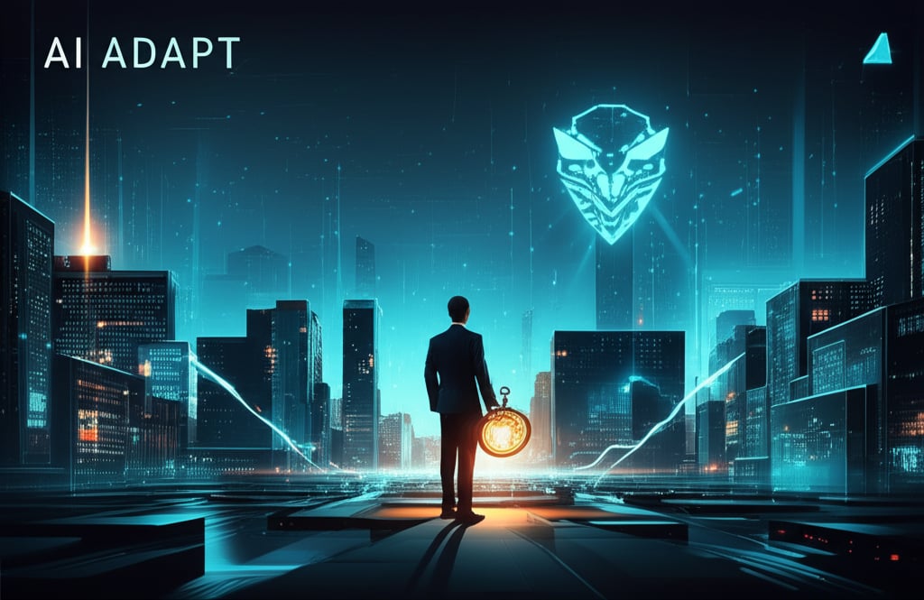 A content strategist stands firmly on a platform, looking confidently towards a futuristic, dynamically evolving cityscape composed of abstract AI data structures and glowing neural pathways on the horizon. The strategist holds a luminous, antique-style compass, symbolizing strategic guidance. Subtle ethical guidelines are represented by transparent, interwoven beams of light, and a unique, glowing brand emblem hovers nearby. Text overlay: "AI ADAPT" in clean, futuristic fonts.