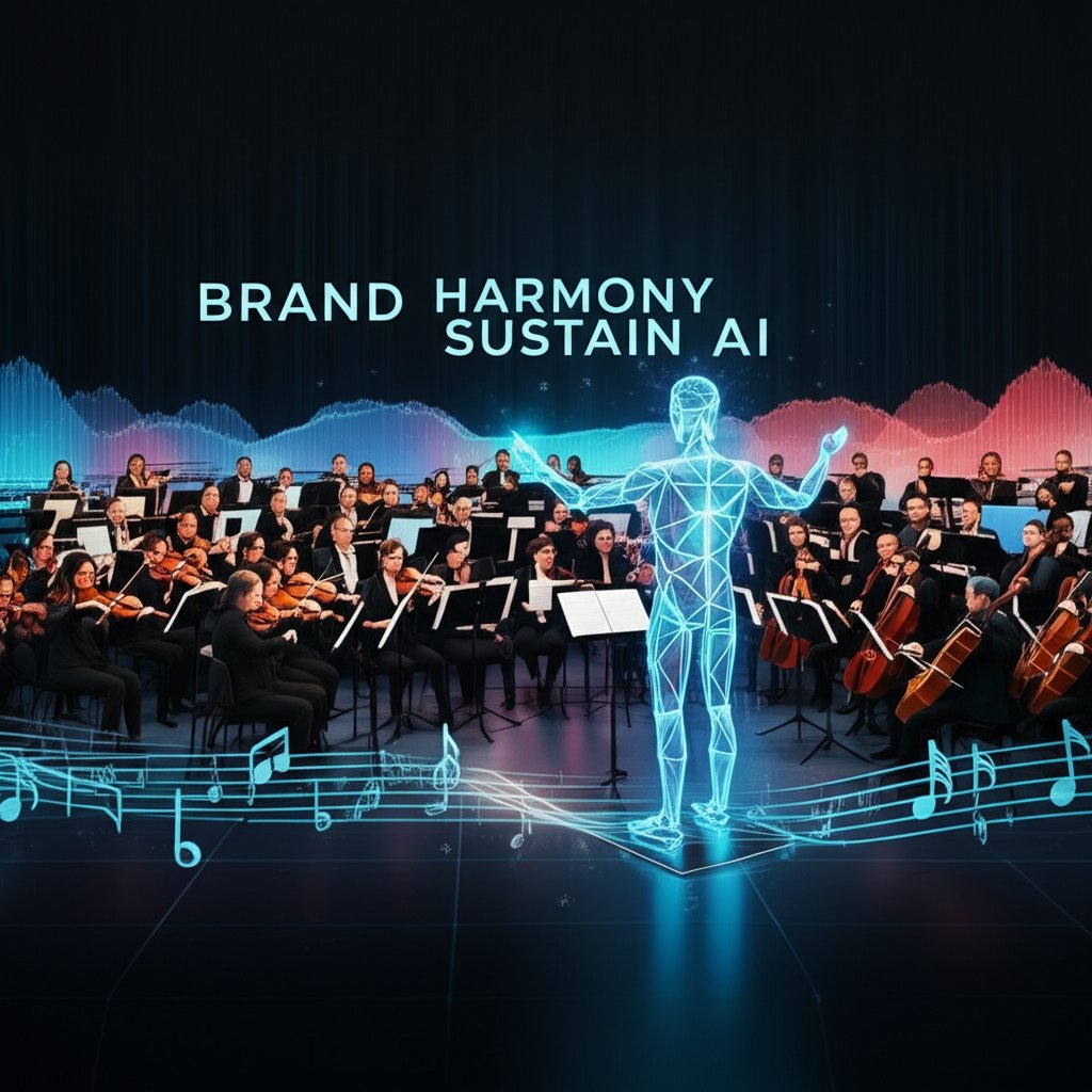 A grand, futuristic orchestra with an AI conductor, represented by a glowing, geometric figure, leading a diverse ensemble of digital instruments (representing different teams and channels). The scene conveys perfect harmony and synchronization. Musical notes and sound waves flow cohesively across the scene. Large text on the image reads "BRAND HARMONY" and "SUSTAIN AI".