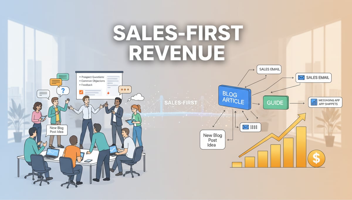 An illustrative image depicting a modern content team collaborating closely with a sales team. On one side, content creators are actively listening to sales representatives who are providing feedback, questions from prospects, and common objections. On the other side, various content pieces (blog articles, guides) are being designed in a way that shows them being easily adapted into sales emails, presentations, or messaging apps, leading to a visual representation of revenue growth. Emphasize a clear, purposeful connection between content creation and sales outcomes. Text overlay in large, bold fonts: SALES-FIRST, REVENUE.