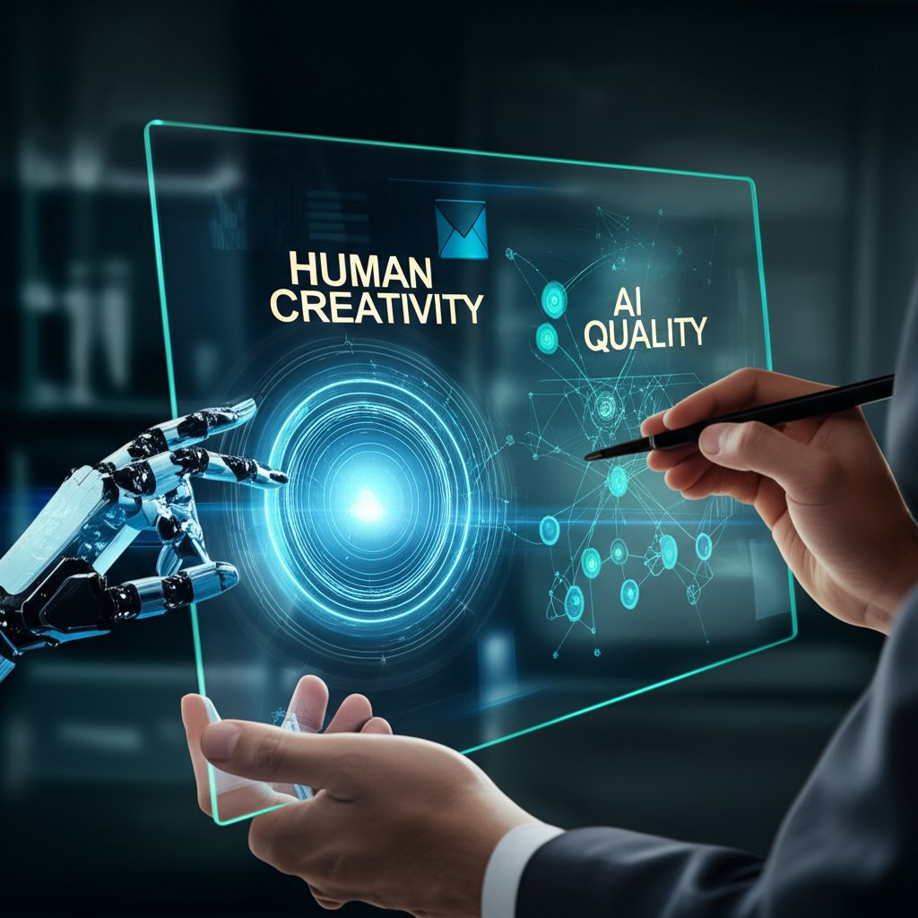 An illustrative image about: A close-up, high-tech shot showing a human hand and a glowing, stylized robotic hand collaboratively